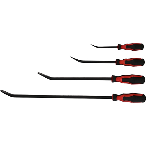 Vier schwarze Brecheisen mit roten und schwarzen Griffen. Sie sind in unterschiedlichen Größen und gebogen.